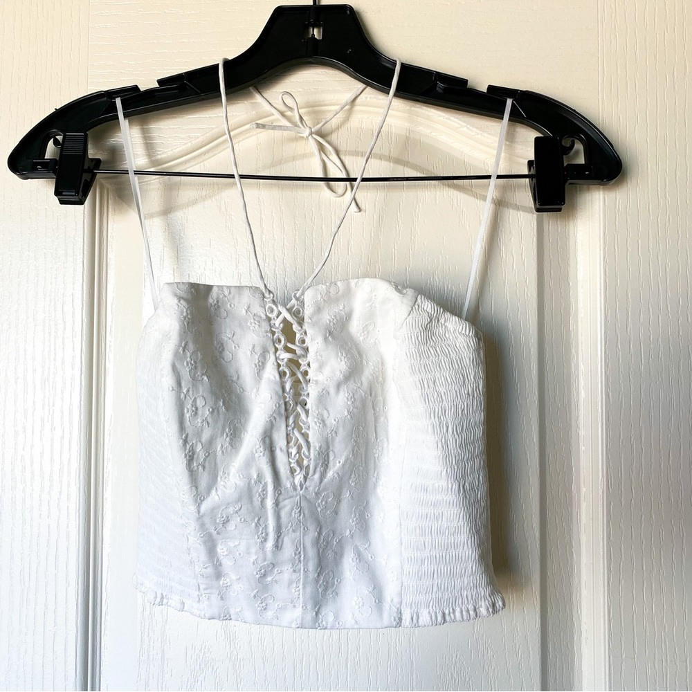 Reformation Top Hendrix Cropped Strapless Lace Smocked Floral White 0 EUC